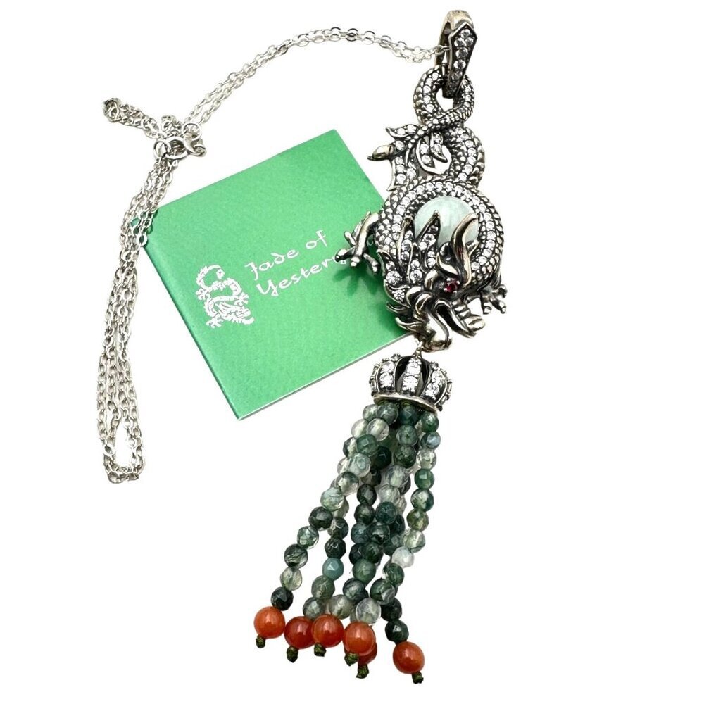 Jade of Yesteryear Womens Necklace Sterling Silver Green Red Jade Dragon Pendant